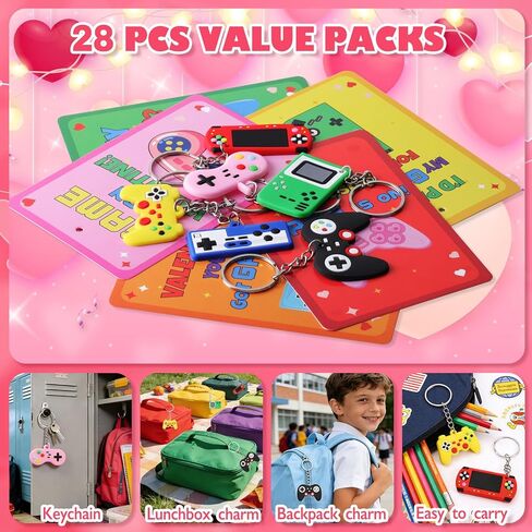 Valentines Day Cards for Kids School, 28 Pcs Video Game Keychains, Valentines Day Gifts for Kids Party Favors, Class Valentines Prizes Treasure Box Gifts Must Haves Treat Goodie Bag Stuffers in Saudi Arabia