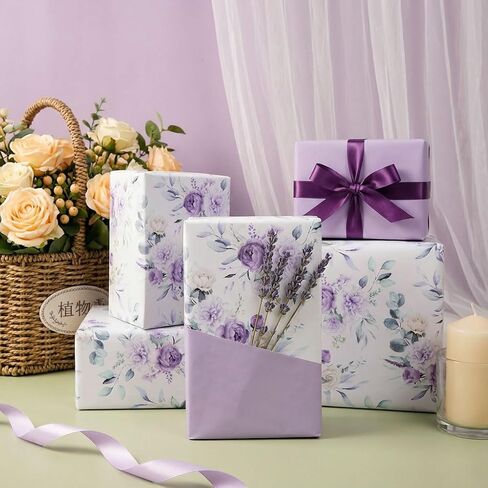 VCOOHM Reversible Purple Floral Wrapping Paper Roll - 17 Inches x 9.8 Feet, Gift Wrap with Floral and Purple Design for Wedding, Birthday, Bridal Shower, Mother's Day in Saudi Arabia