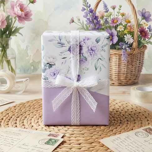 VCOOHM Reversible Purple Floral Wrapping Paper Roll - 17 Inches x 9.8 Feet, Gift Wrap with Floral and Purple Design for Wedding, Birthday, Bridal Shower, Mother's Day in Saudi Arabia