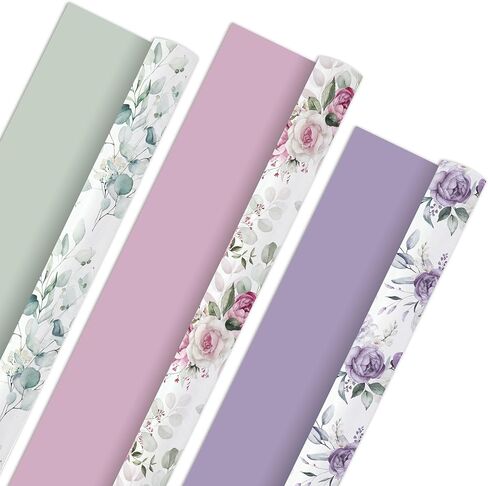VCOOHM Reversible Purple Floral Wrapping Paper Roll - 17 Inches x 9.8 Feet, Gift Wrap with Floral and Purple Design for Wedding, Birthday, Bridal Shower, Mother's Day in Saudi Arabia