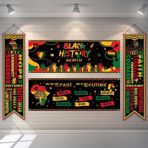 Harloon 4 Pcs Black History Month Banner Inspirational Door Porch Sign Decorations Black History Backdrop African American Classroom Decor for Wall Indoor Outdoor Black History Month Party Supplies in Saudi Arabia