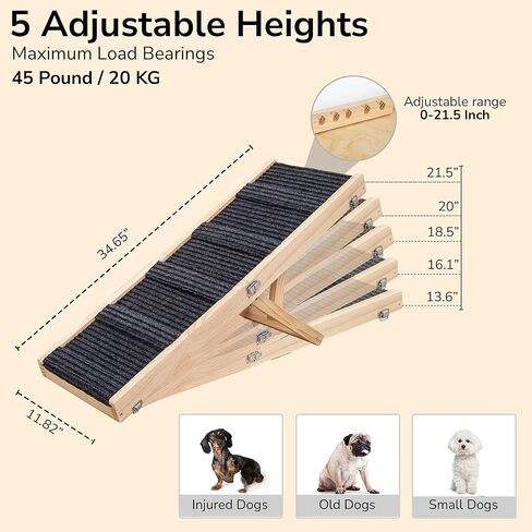 Upgraded 2026 Adjustable Dog Ramp 34.65" Foldable Pet Ramp with 5 Heights 13.6–21.5", Non-Slip Carpet & Leather Handle – Ramp for Bed, Couch & Sofa in Saudi Arabia