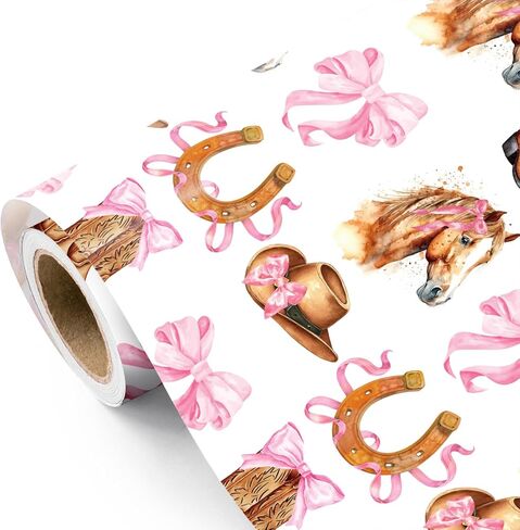 لفة ورق تغليف راعية البقر الغربية من WRAPAHOLIC - لفة صغيرة - 17 بوصة × 16.5 قدم - قبعة وأحذية راعية البقر مع تصميم القوس الوردي مثالية لأعياد ميلاد النساء والفتيات، وحفلة ناشفيل in Saudi Arabia