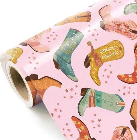 لفة ورق تغليف راعية البقر الغربية من WRAPAHOLIC - لفة صغيرة - 17 بوصة × 16.5 قدم - قبعة وأحذية راعية البقر مع تصميم القوس الوردي مثالية لأعياد ميلاد النساء والفتيات، وحفلة ناشفيل in Saudi Arabia