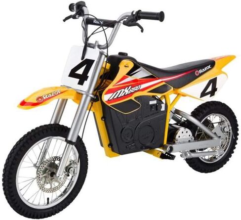 رازور دراجة ديرت روكيت الترابية MX650 تعمل بالكهرباء مع هندسة دراجة نارية الترابية الأصلية، دفع خلفي، عزم دوران عالي، محرك يعمل بالسلسلة، للاطفال بعمر 13 سنة فما فوق، اصفر in Kuwait
