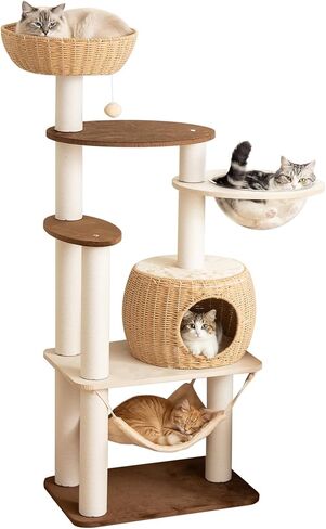 Modern Cat Tree for Large Cat, 56.7-Inch Tall Cat Tower with Scratching Post for Indoor Cats, Multi-Level Cat Condo with Hand-Woven Cat Bed and Hammock Acrylic Bowl (Particleboard 56.7in) in Saudi Arabia