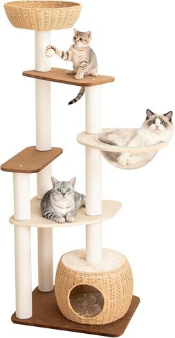 Modern Cat Tree for Large Cat, 56.7-Inch Tall Cat Tower with Scratching Post for Indoor Cats, Multi-Level Cat Condo with Hand-Woven Cat Bed and Hammock Acrylic Bowl (Particleboard 56.7in) in Saudi Arabia