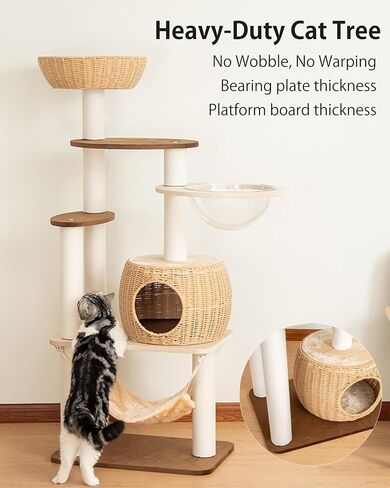 Modern Cat Tree for Large Cat, 56.7-Inch Tall Cat Tower with Scratching Post for Indoor Cats, Multi-Level Cat Condo with Hand-Woven Cat Bed and Hammock Acrylic Bowl (Particleboard 56.7in) in Saudi Arabia