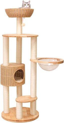 Modern Cat Tree for Large Cat, 56.7-Inch Tall Cat Tower with Scratching Post for Indoor Cats, Multi-Level Cat Condo with Hand-Woven Cat Bed and Hammock Acrylic Bowl (Particleboard 56.7in) in Saudi Arabia
