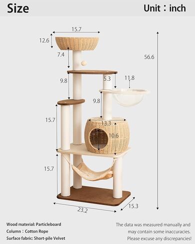 Modern Cat Tree for Large Cat, 56.7-Inch Tall Cat Tower with Scratching Post for Indoor Cats, Multi-Level Cat Condo with Hand-Woven Cat Bed and Hammock Acrylic Bowl (Particleboard 56.7in) in Saudi Arabia