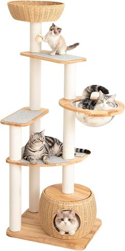 Modern Cat Tree for Large Cat, 56.7-Inch Tall Cat Tower with Scratching Post for Indoor Cats, Multi-Level Cat Condo with Hand-Woven Cat Bed and Hammock Acrylic Bowl (Particleboard 56.7in) in Saudi Arabia
