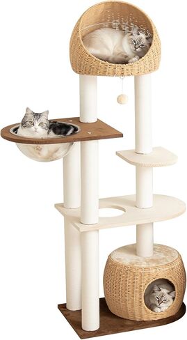 Modern Cat Tree for Large Cat, 56.7-Inch Tall Cat Tower with Scratching Post for Indoor Cats, Multi-Level Cat Condo with Hand-Woven Cat Bed and Hammock Acrylic Bowl (Particleboard 56.7in) in Saudi Arabia