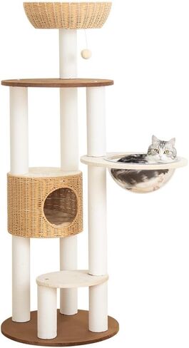 Modern Cat Tree for Large Cat, 56.7-Inch Tall Cat Tower with Scratching Post for Indoor Cats, Multi-Level Cat Condo with Hand-Woven Cat Bed and Hammock Acrylic Bowl (Particleboard 56.7in) in Saudi Arabia