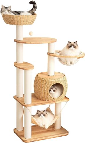 Modern Cat Tree for Large Cat, 56.7-Inch Tall Cat Tower with Scratching Post for Indoor Cats, Multi-Level Cat Condo with Hand-Woven Cat Bed and Hammock Acrylic Bowl (Particleboard 56.7in) in Saudi Arabia
