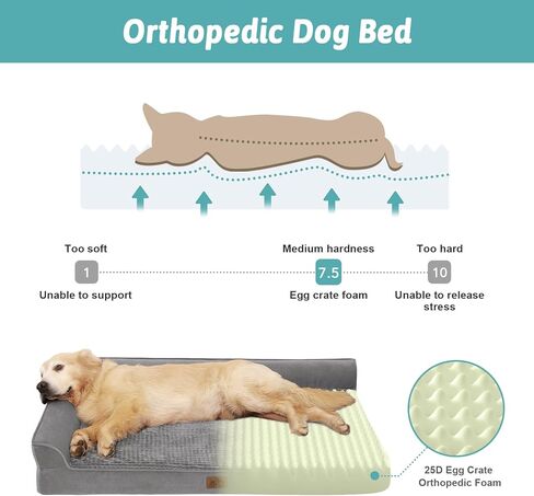 Orthopedic Dog Bed for Large Size Dog, XL Dogs Crate Bed, L Shaped Foam Anti-Slip Bottom Pet Cat Sofa with Washable Removable Cover, Suitable for Pet Up to 100 lbs, 42x30x7.5 inch, Grey in Saudi Arabia