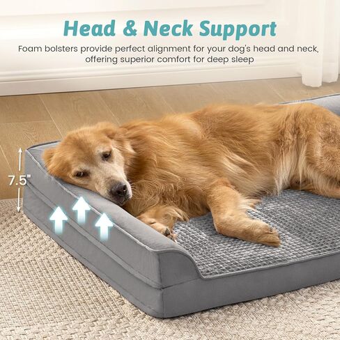 Orthopedic Dog Bed for Large Size Dog, XL Dogs Crate Bed, L Shaped Foam Anti-Slip Bottom Pet Cat Sofa with Washable Removable Cover, Suitable for Pet Up to 100 lbs, 42x30x7.5 inch, Grey in Saudi Arabia