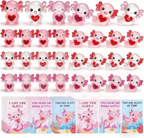 30 Pcs Luminous Mini Resin Axolotl, Valentine's Day Tiny Axolotl Figurines Miniature Animal Charm Ornament with 30 pcs Gifts Cards for Fairy Garden Landscape Aquarium Potted Birthday in Saudi Arabia