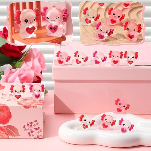 30 Pcs Luminous Mini Resin Axolotl, Valentine's Day Tiny Axolotl Figurines Miniature Animal Charm Ornament with 30 pcs Gifts Cards for Fairy Garden Landscape Aquarium Potted Birthday in Saudi Arabia