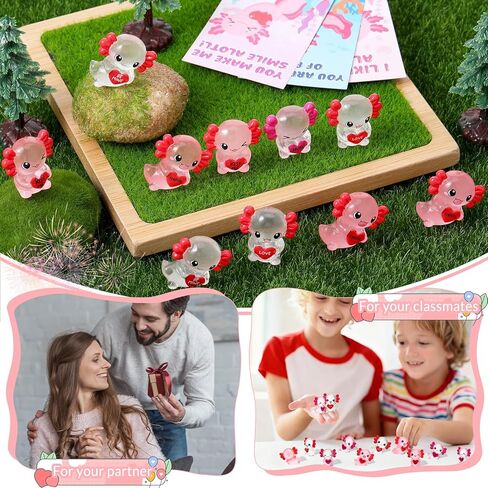 30 Pcs Luminous Mini Resin Axolotl, Valentine's Day Tiny Axolotl Figurines Miniature Animal Charm Ornament with 30 pcs Gifts Cards for Fairy Garden Landscape Aquarium Potted Birthday in Saudi Arabia