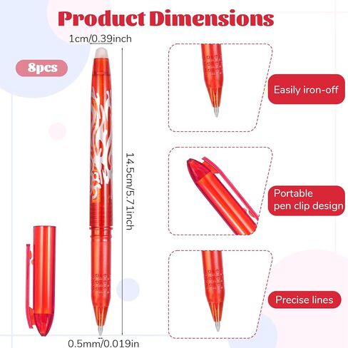 8 قطع من أقلام cobee القابلة للمسح بالحرارة للنسيج، أقلام تحديد النسيج 0.5 مم مع المطاط في النهاية بدون خطوط شبح علامات الأقمشة لخياطة اللحف والتطريز DIY in Kuwait