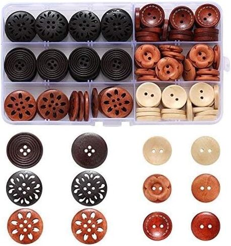 Assorted Round Wood Wooden Buttons Handmade Button Black Brown Beige 4 Hole Mixed Sewing Art DIY Craft Supplies Kits with Box 118pcs in Saudi Arabia