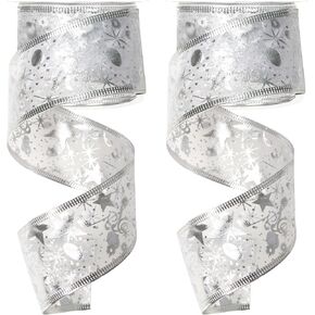 Silver Christmas Tree Ribbon 2 inch for Gift Wrapping, 20 Yards Double Layer Glitter Wired Ribbon for Wreaths Bow, Xmas Decor in Saudi Arabia