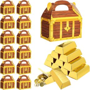 Honoson 24 Pcs Pirate Party Favor Boxes 12 Foil Fake Gold Bars and 12 Pirate Chest Cardboard Box for Halloween Casino Theme Party Decorations Gold Bar Christmas Prizes Gift Box in Kuwait