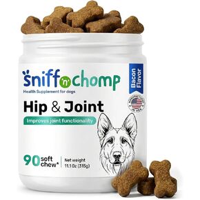 SNIFF 'N' CHOMP Hip and Joint Supplement Dogs Chews, Bacon Flavor, Joint Support with Glucosamine for Dogs MSM Turmeric Omega 3, Easy to Chew, Senior & Active Dog | 90 Soft Chews in Kuwait