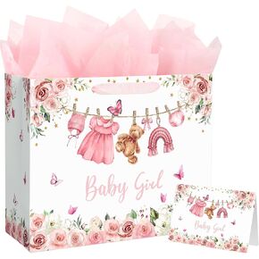 Yusenguan 13" Large Baby Gift Bag for Girl, Pink Floral Design with Handles, Tissue Paper and Gift Card, Perfect for Girl Baby Shower & Kids Birthday Party in Saudi Arabia