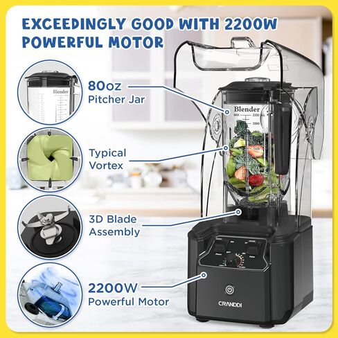 CRANDDI Commercial Quiet Blender, 2200 Watt Professional Countertop Blender with 80oz Pitcher, Built-in Pulse & 15-speeds Control, Smoothie Blender for Commercial and Home, K90 Grey in Saudi Arabia