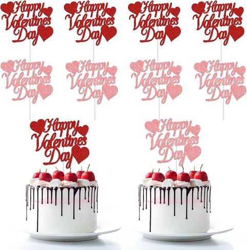 12 Pack Glitter Happy Valentine's Day Cake Toppers, 4.72x4 Inches Sweet Love Food Picks, Large Pink and Red Cake Decorations, Perfect for Valentine's Day Party Supplies in Saudi Arabia