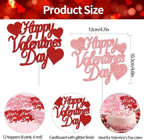 12 Pack Glitter Happy Valentine's Day Cake Toppers, 4.72x4 Inches Sweet Love Food Picks, Large Pink and Red Cake Decorations, Perfect for Valentine's Day Party Supplies in Saudi Arabia
