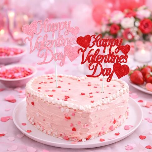 12 Pack Glitter Happy Valentine's Day Cake Toppers, 4.72x4 Inches Sweet Love Food Picks, Large Pink and Red Cake Decorations, Perfect for Valentine's Day Party Supplies in Saudi Arabia