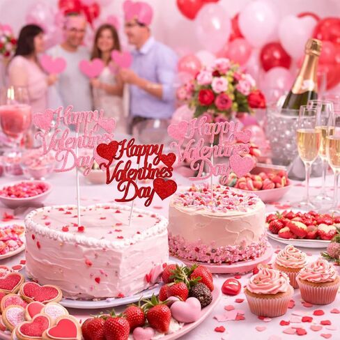 12 Pack Glitter Happy Valentine's Day Cake Toppers, 4.72x4 Inches Sweet Love Food Picks, Large Pink and Red Cake Decorations, Perfect for Valentine's Day Party Supplies in Saudi Arabia