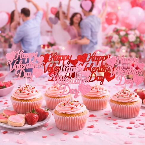 12 Pack Glitter Happy Valentine's Day Cake Toppers, 4.72x4 Inches Sweet Love Food Picks, Large Pink and Red Cake Decorations, Perfect for Valentine's Day Party Supplies in Saudi Arabia