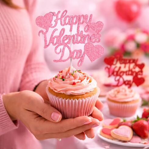 12 Pack Glitter Happy Valentine's Day Cake Toppers, 4.72x4 Inches Sweet Love Food Picks, Large Pink and Red Cake Decorations, Perfect for Valentine's Day Party Supplies in Saudi Arabia