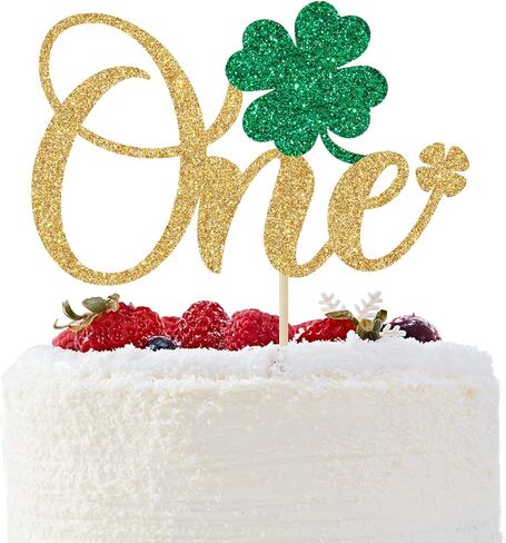 Shamrock One Cake Topper - 1st Birthday Cake Decorations - Lucky One, St Patrick's Day 1st Birthday Party Decorations Gold Glitter (Gold) in Saudi Arabia