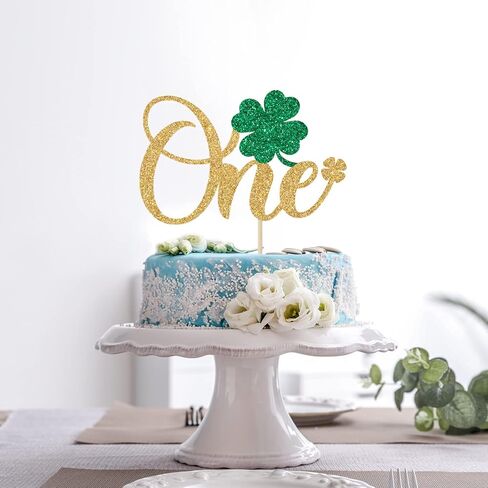 Shamrock One Cake Topper - 1st Birthday Cake Decorations - Lucky One, St Patrick's Day 1st Birthday Party Decorations Gold Glitter (Gold) in Saudi Arabia