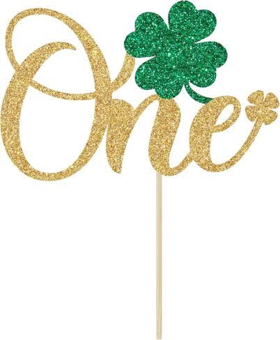 Shamrock One Cake Topper - 1st Birthday Cake Decorations - Lucky One, St Patrick's Day 1st Birthday Party Decorations Gold Glitter (Gold) in Saudi Arabia
