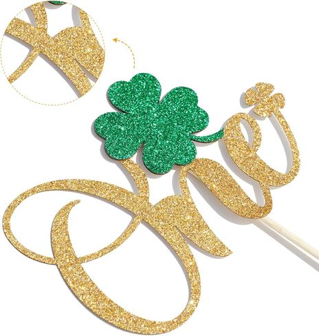 Shamrock One Cake Topper - 1st Birthday Cake Decorations - Lucky One, St Patrick's Day 1st Birthday Party Decorations Gold Glitter (Gold) in Saudi Arabia
