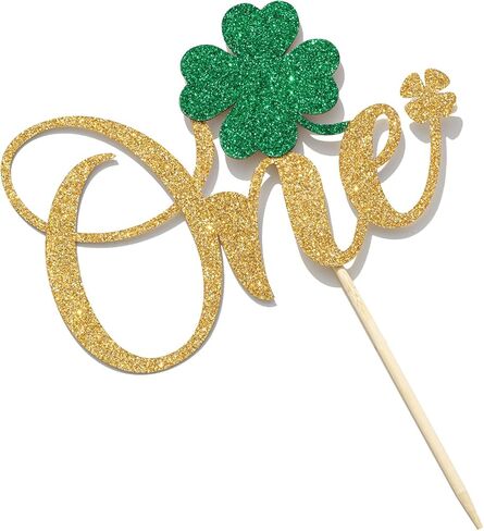 Shamrock One Cake Topper - 1st Birthday Cake Decorations - Lucky One, St Patrick's Day 1st Birthday Party Decorations Gold Glitter (Gold) in Saudi Arabia