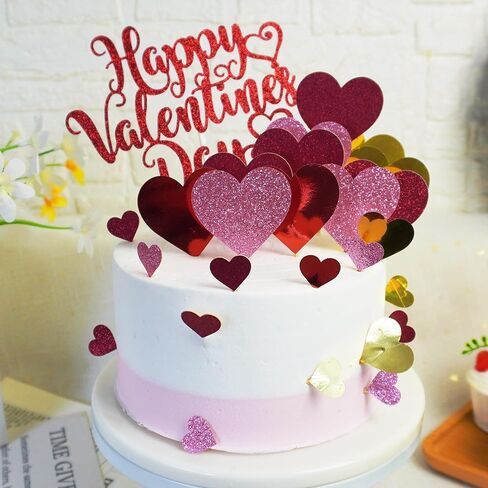 DRWATE 33pcs Happy Valentine's Day Cake Toppers with Red Heart Decorations for Valentine's Day Party Supplies (Red) in Saudi Arabia