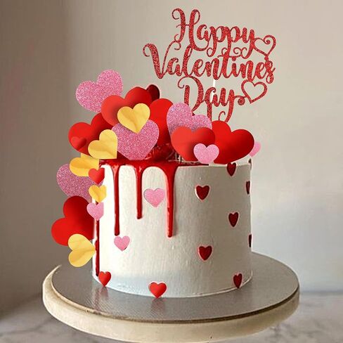 DRWATE 33pcs Happy Valentine's Day Cake Toppers with Red Heart Decorations for Valentine's Day Party Supplies (Red) in Saudi Arabia