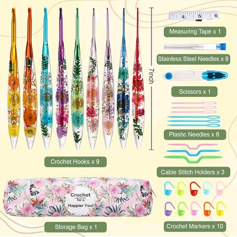 Riceshoot 9 Pcs Crochet Hook Set, 2.0mm-6.0mm Ergonomic Crochet Hooks with Long Floral Handle for Beginners Crocheting Lovers, Includes Storage Bag and Other Accessories in Saudi Arabia