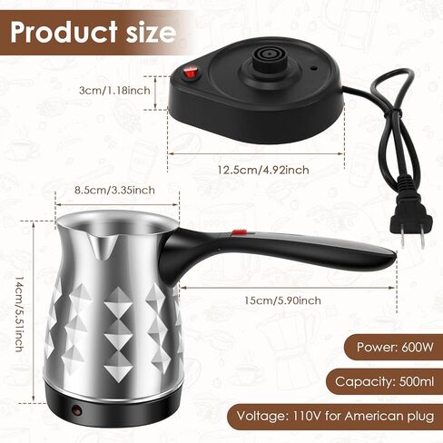 Turkish Coffee Maker, Stainless Steel 500ml Turkish Coffee Machine with Folding Handle, 5 to 6 Cups Capacity Turkish Coffee Pot, Electric Coffee Tea Warmer Kettle for Home Travel (Diamond) in Saudi Arabia