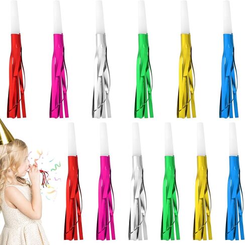 12pcs Glitter Fringed Party Blowers, Colorful Birthday Blow Horns Funny Noise Makers Party Favors Squawker Blowouts for Birthday New Years Graduation in Saudi Arabia
