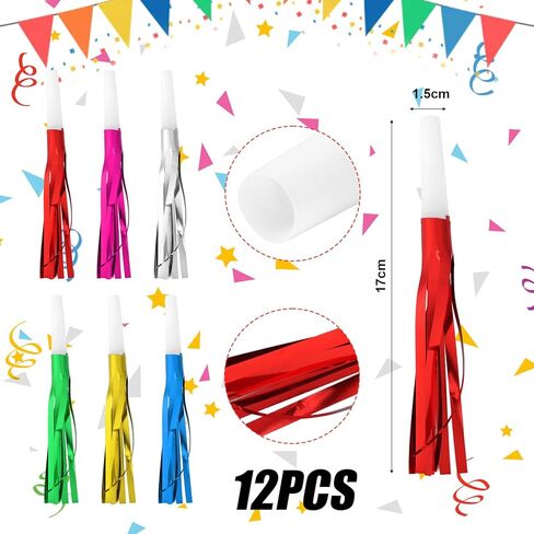 12pcs Glitter Fringed Party Blowers, Colorful Birthday Blow Horns Funny Noise Makers Party Favors Squawker Blowouts for Birthday New Years Graduation in Saudi Arabia