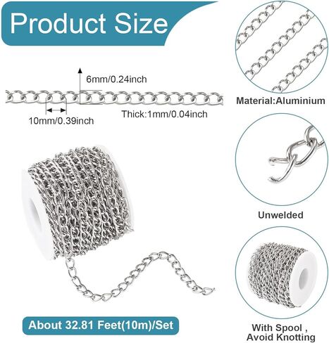 Beadthoven 32.8ft Aluminium Curb Chain Roll 6mm Wide Silver Tone Aluminum Jewelry Chains DIY Necklace Chain Metal Craft Chain Twisted Oval Link Chains with Spool for Jewelry Making Findings in Saudi Arabia