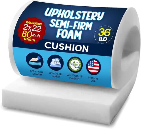 RaceCityFoam Upholstery Foam Cushion 2 inch Height x 22 inch Width x 80 inch Length (Semi Firm) 1.8 Density, Compression 36ILD High Density Upholstery Foam, Certipur-us Certified Foam, Made in USA in Kuwait