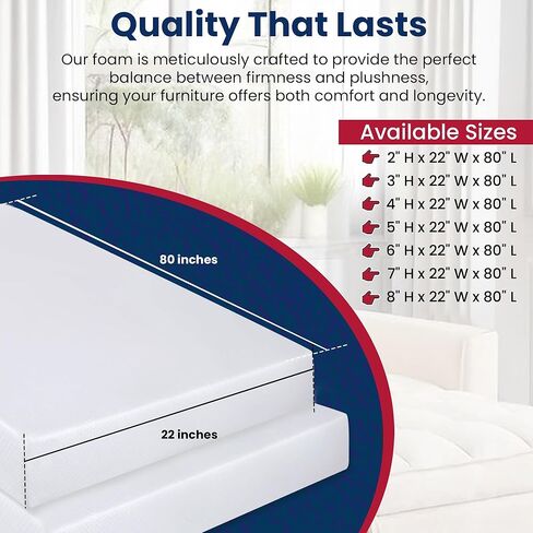 RaceCityFoam Upholstery Foam Cushion 2 inch Height x 22 inch Width x 80 inch Length (Semi Firm) 1.8 Density, Compression 36ILD High Density Upholstery Foam, Certipur-us Certified Foam, Made in USA in Kuwait